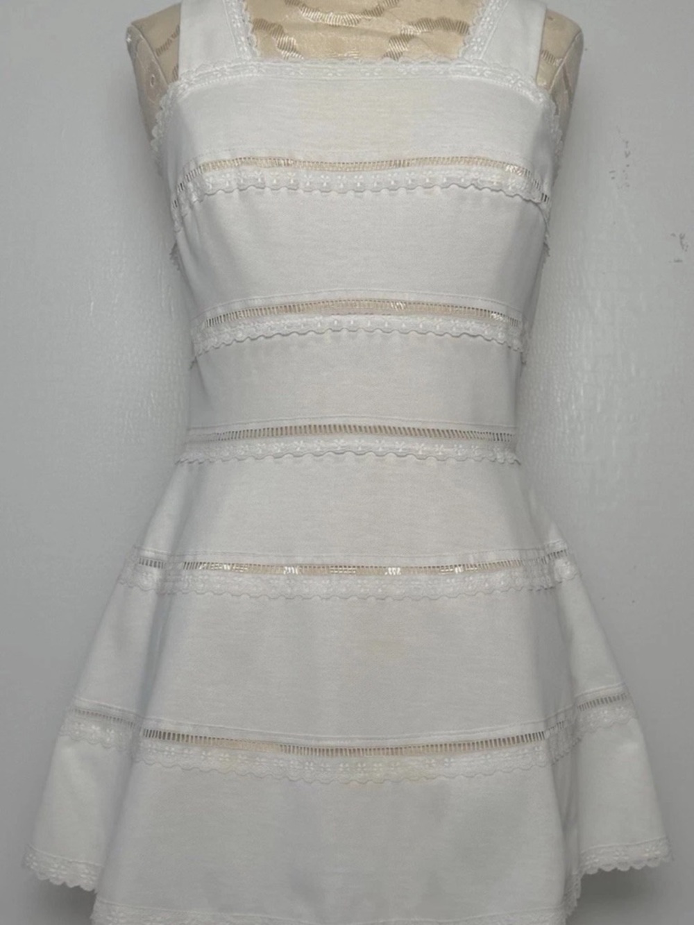 Vtg 60s White Knit Lace Stripe Midi Dress XS S Structured Mod Fit Flare Feminine
